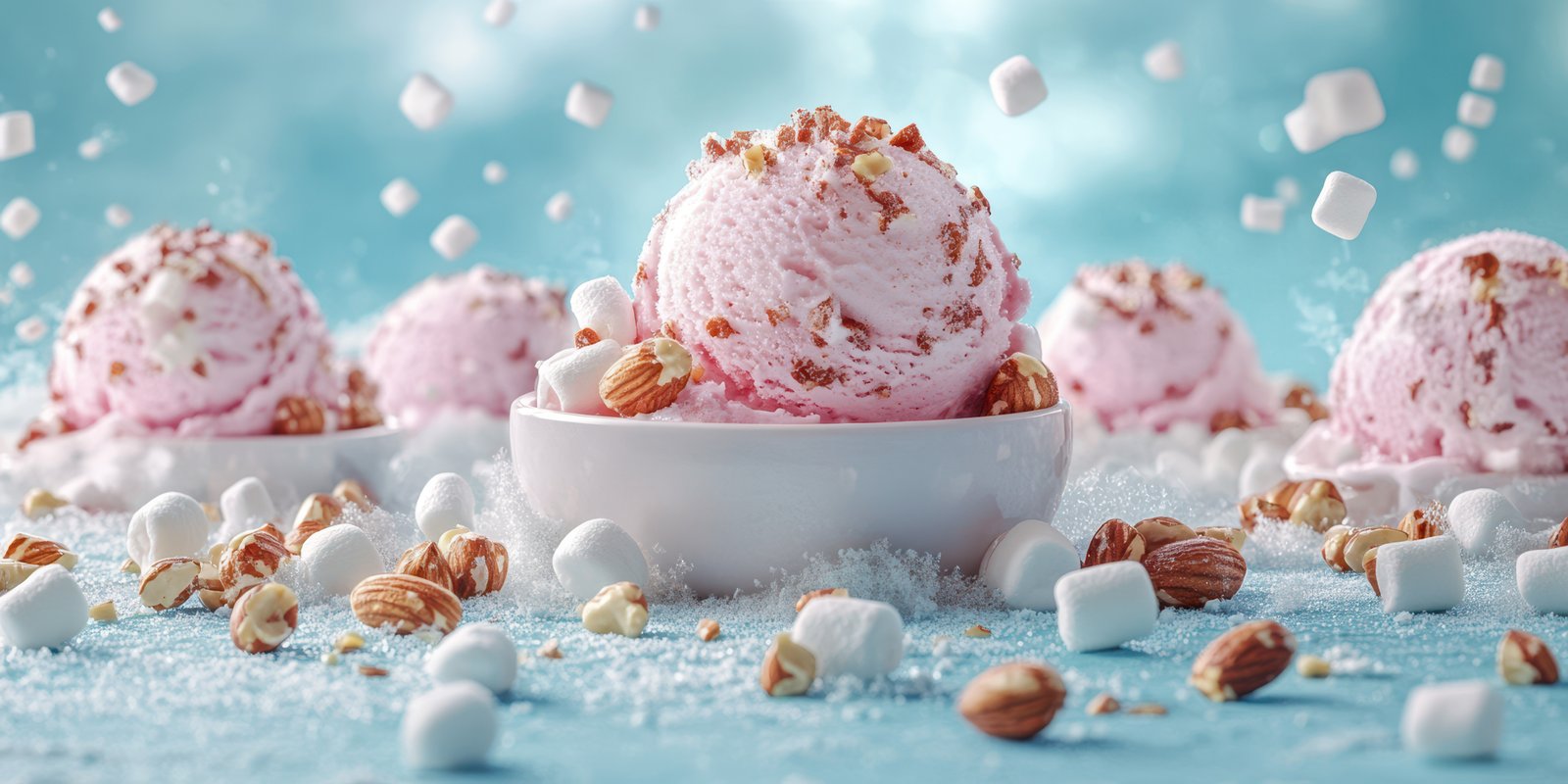 Delightful pink ice cream served in a bowl surrounded by marshmallows and nuts on a festive table